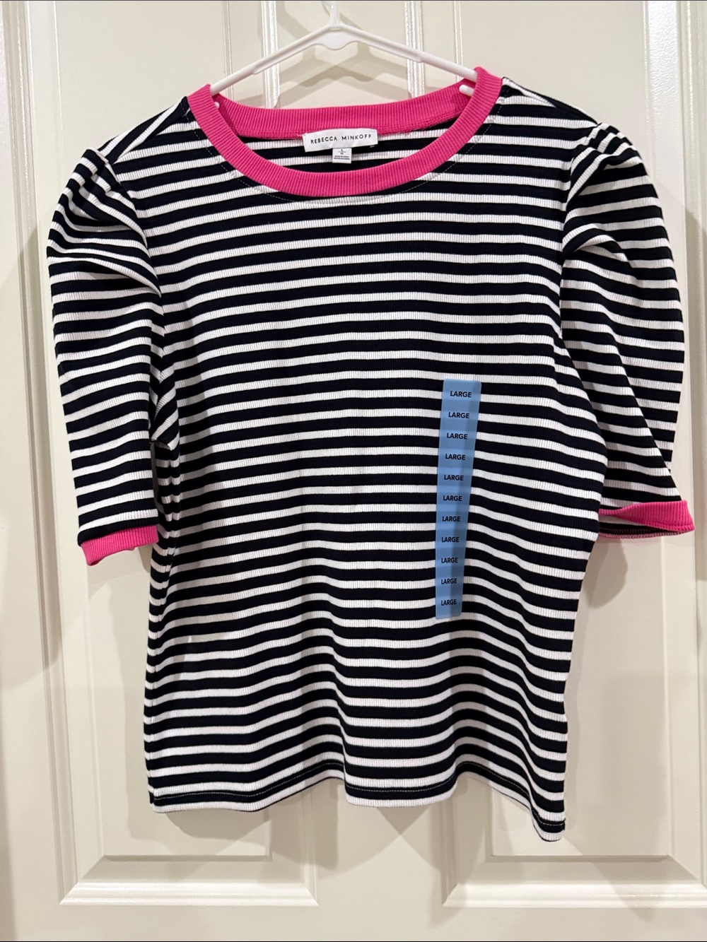 Rebecca Minkoff Black & White Striped Top with Pink Trim